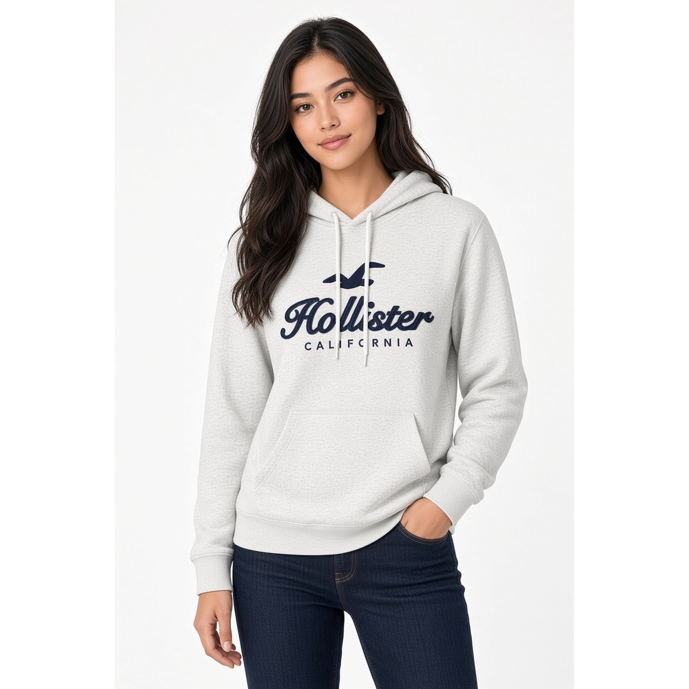 Hollister Womens Fleece Hoodie White Navy L Embroidery Chest Logo Drawstring